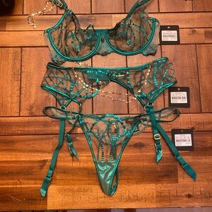 Honey Birdette Goldie Emerald 3 piece set with Whitney Emerald stockings